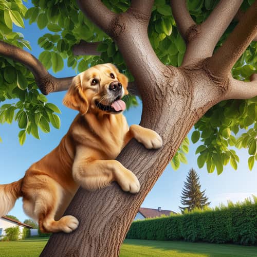 Lively Golden Retriever Climbing Tree | Serene Suburban Scene