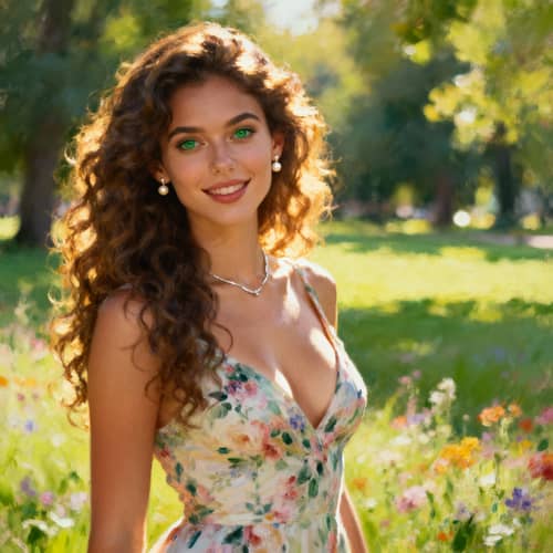 Elegant Model in Sun-Drenched Park with Wildflowers Elegant Model in Sun-Drenched Park with Wildflowers