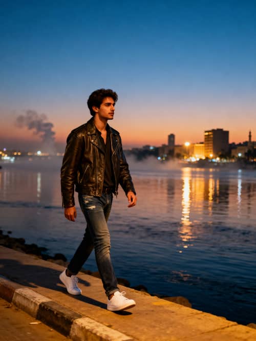Stylish Young Man on Cairo's Corniche at Sunset Stylish Young Man on Cairo's Corniche at Sunset