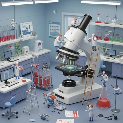 Whimsical 3D Cartoon Lab Scene with Tiny Workers