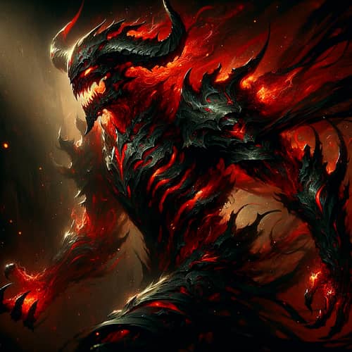 Dynamic Dark Fantasy Creature Art in Red and Black Armor