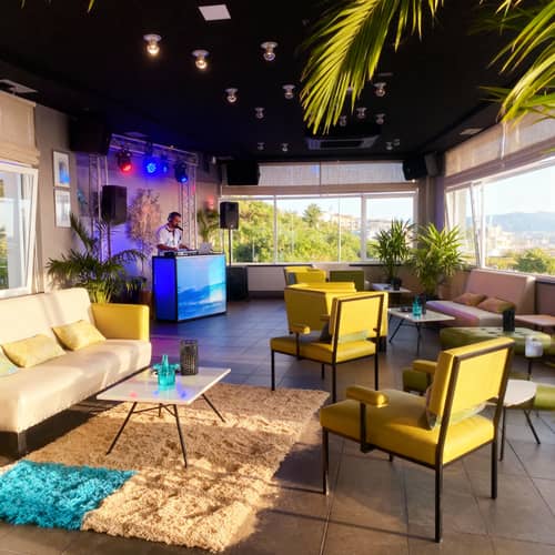 Event Room Decor with DJ Booth and Beach Vibe Event Room Decor with DJ Booth and Beach Vibe