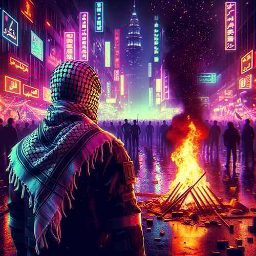 Cyberpunk-themed Street Protest with Defiant Figure and Roaring Fire