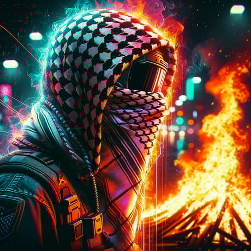 Dynamic Cyberpunk Street Protest with Keffiyeh and Bonfire