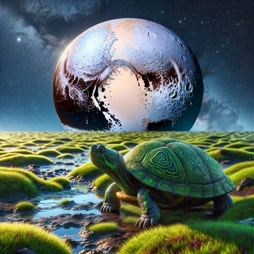Green Turtle on Ground with Grass & Mud, Pluto in Sky