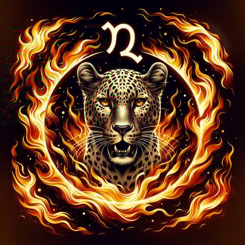 Dynamic Leopard in Flames with Sagittarius Symbol