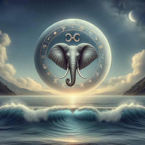 Cancer Astrological Symbol Over Water with Moon and Elephant