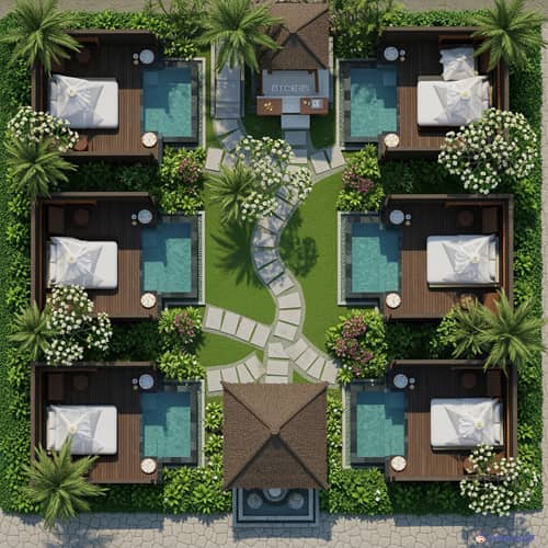 Bali Style Resort Layout: 6 Rooms with Pools