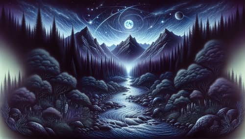 Dark Fantasy Scene: Enchanting Forests, River, Moon, Mountain