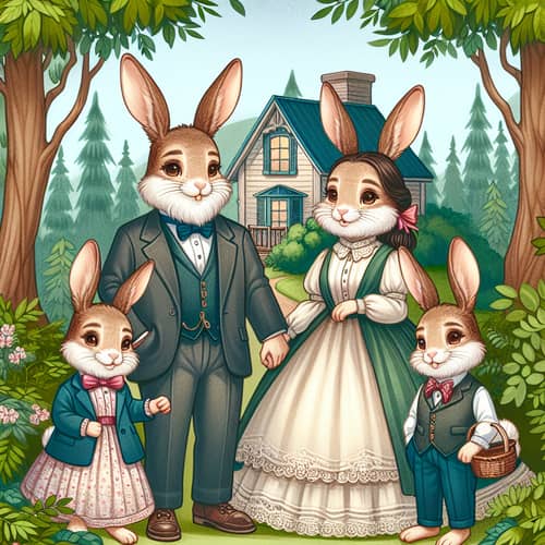 Multicultural Family of Rabbits in Cozy House | Forest Illustration