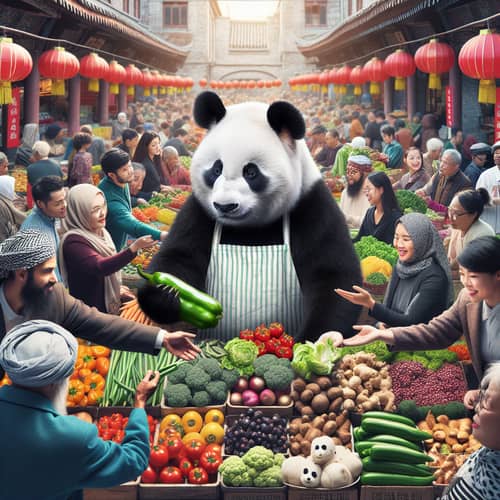 Panda Selling Vegetables in Traditional Chinese Marketplace