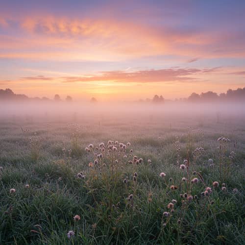 Tranquil Meadow at Dawn with Blooming Flowers
