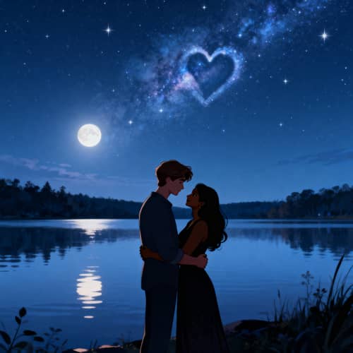 Romantic Nighttime Embrace Under Starry Sky