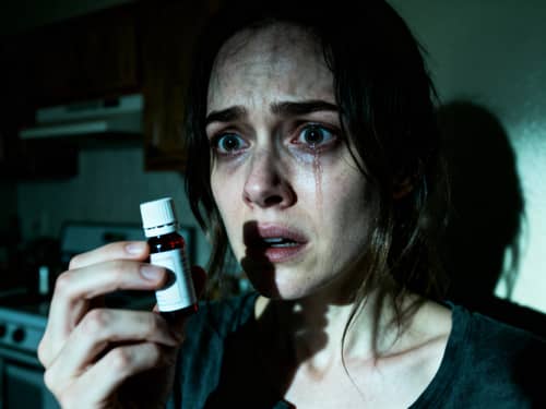 Dramatic Kitchen Horror: Woman's Emotional Struggle Dramatic Kitchen Horror: Woman's Emotional Struggle