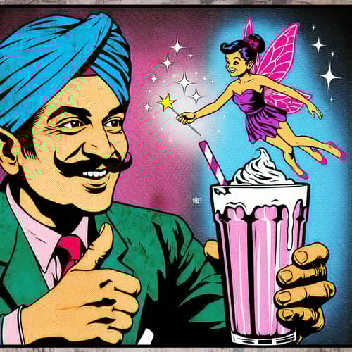 South Asian Man with Milkshake & Fairy - Comic Stencil Art