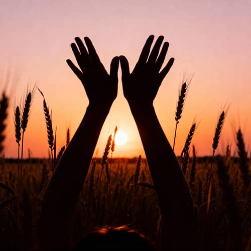 Celebrating Hands Silhouette at Sunset in Wheat Field