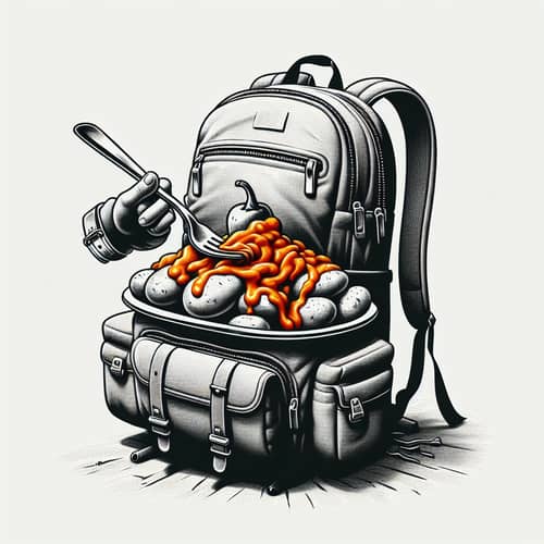 Backpack Eating Boiled Potatoes with Spicy Canarian Sauce - B&W