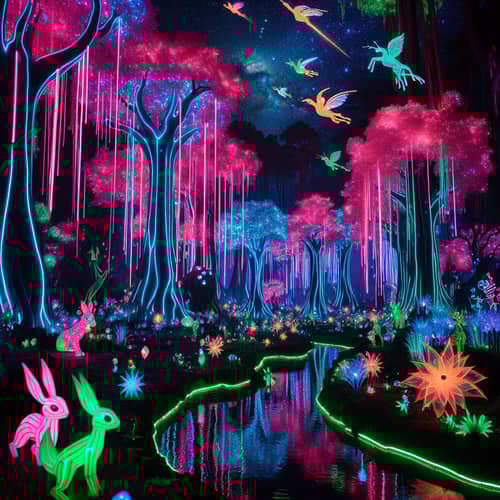 Neon Fantasy World: Enchanting Forest with Bioluminescent Creatures