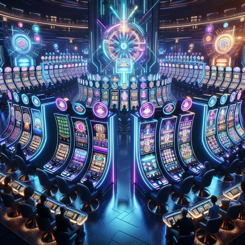 Futuristic Slot Machines in a Grand Casino | High-Tech Gaming