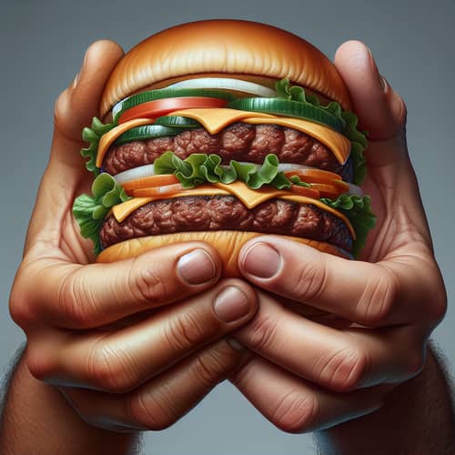 Delicious Beef Burger with Asian and Caucasian Hands