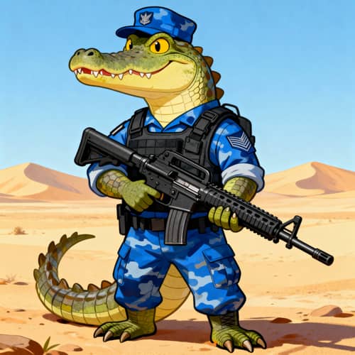 Crocodile in Navy Seal Uniform Holding Rifle