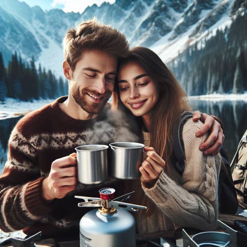 Serene Camping Trip with Happy Caucasian Couple Near Snowy Mountain