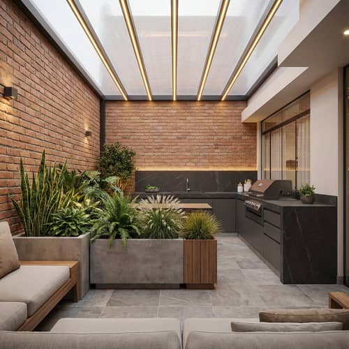 Elegant Modern Backyard Design with Plants and Kitchen Elegant Modern Backyard Design with Plants and Kitchen