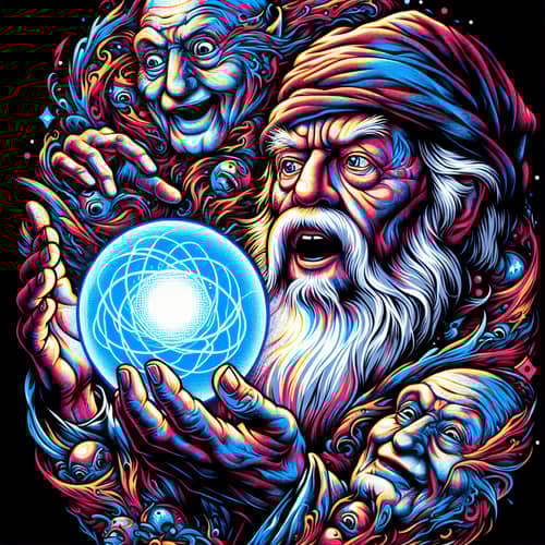Elderly Wizard Holding Glowing Blue Orb - Modern Pop Art Illustration