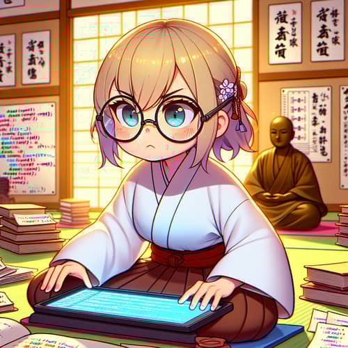 Cartoon Blonde Girl in Dojo Engrossed in Coding