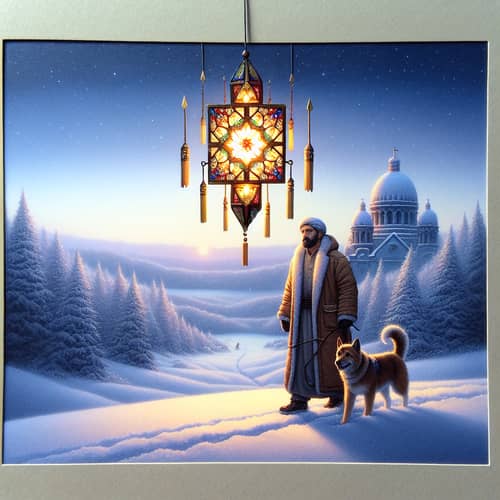 Winter Scene with Middle-Eastern Man and Dog in Snowy Landscape