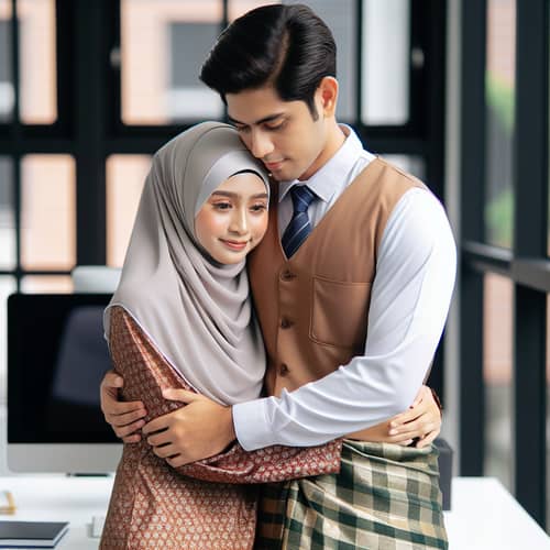 Malaysian Couple Embracing in Office | Wife in Hijab & Baju Kurung