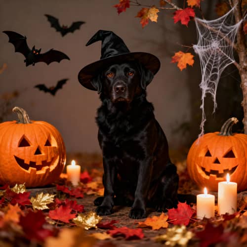 Gorgeous Black Labrador in Halloween Decor