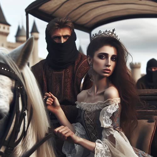 Medieval Man and Princess Escape on Horse-Drawn Carriage