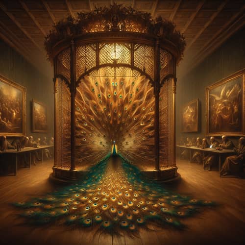 Radiant Peacock in Golden Cage: Captivating Atmosphere of Mystery