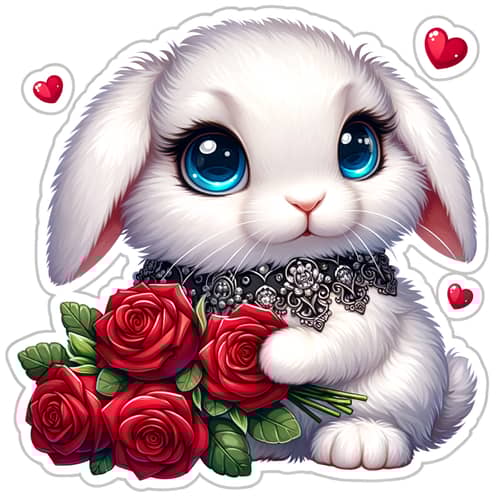 Fluffy White Rabbit Stickers with Red Roses | Cute Design
