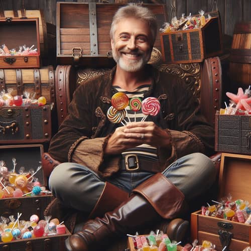 Cheerful Pirate Surrounded by Sweets and Candies
