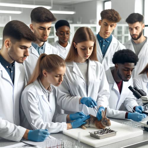 Surgery Practice on Rabbit: Students Guided by Professor in Laboratory