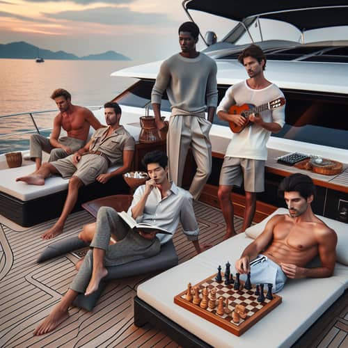 Luxurious Yacht Scene with Male Models at Sunset