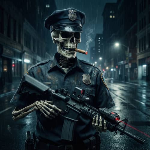 Skeleton Cop with AR-15 and Cigar