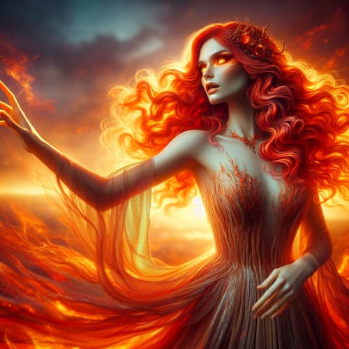 Captivating Goddess with Fiery Red Hair | Majestic Sunset Scene