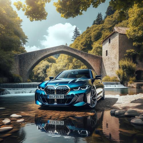 Sleek BMW Car on Tranquil Stone Bridge