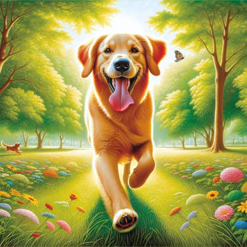 Happy Golden Retriever Running in Grassy Park