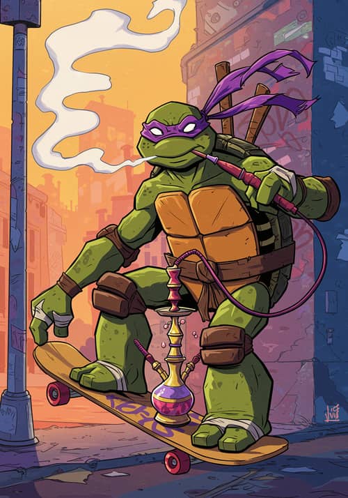 Teenage Mutant Ninja Turtle Skating with Hookah