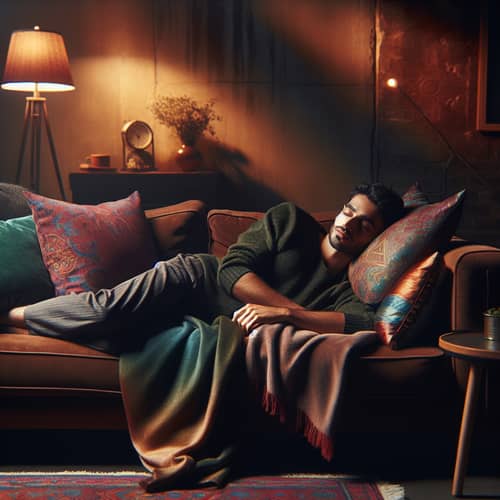 Tranquil Scene: South Asian Male Sleeping on Cozy Brown Couch