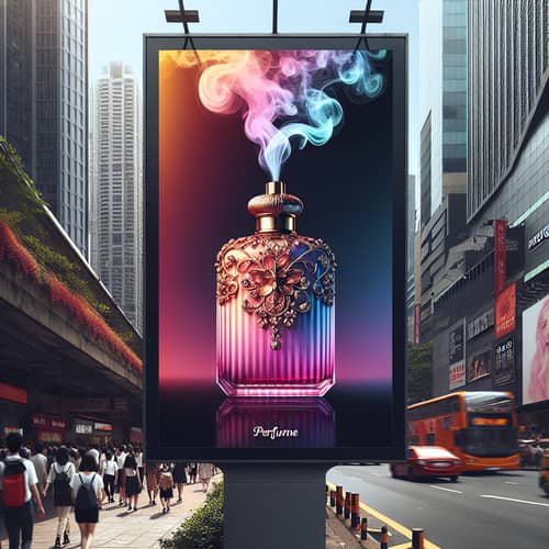 Vibrant Perfume Store Billboard on Urban Street | Buy Your Scent Here