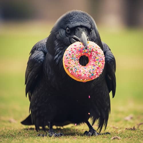 Charming Fat Raven Enjoying a Donut