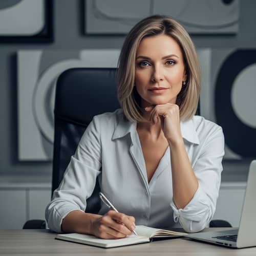 Professional Woman at Desk: Thoughtful Elegance