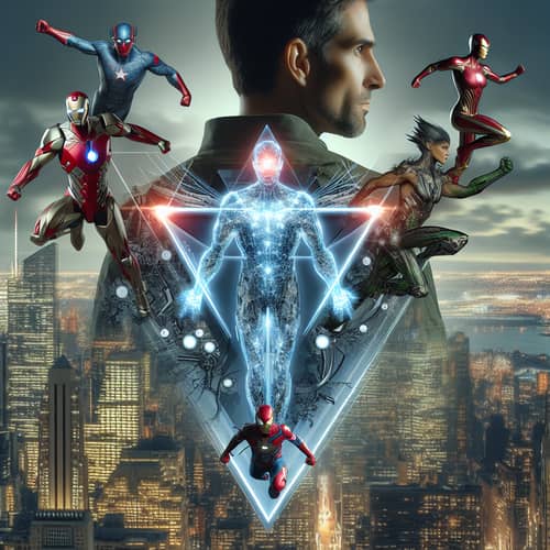 Superhero Triangle Formation in Futuristic Cityscape
