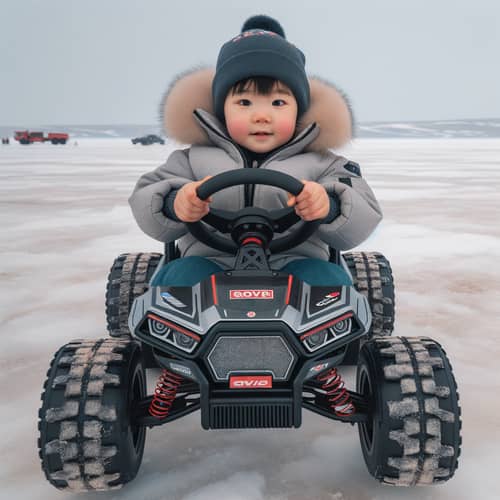 Chinese Toddler Driving F1 Race Car on Icy Tundra