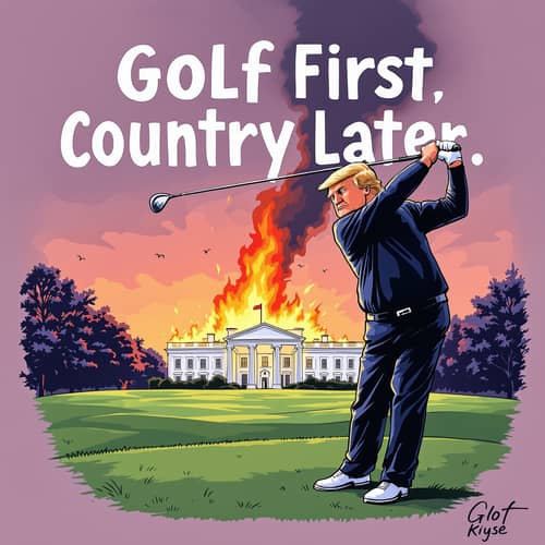 Golf First: Cartoon of Trump Swinging Golf Club Golf First: Cartoon of Trump Swinging Golf Club